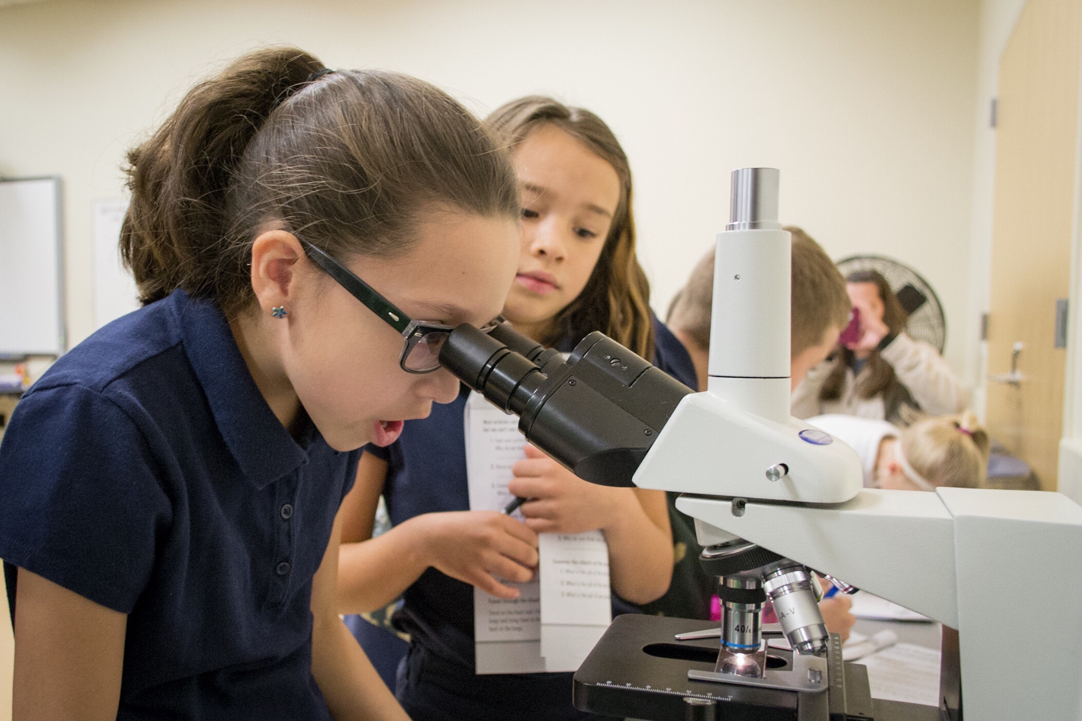 Two students look into a microscope