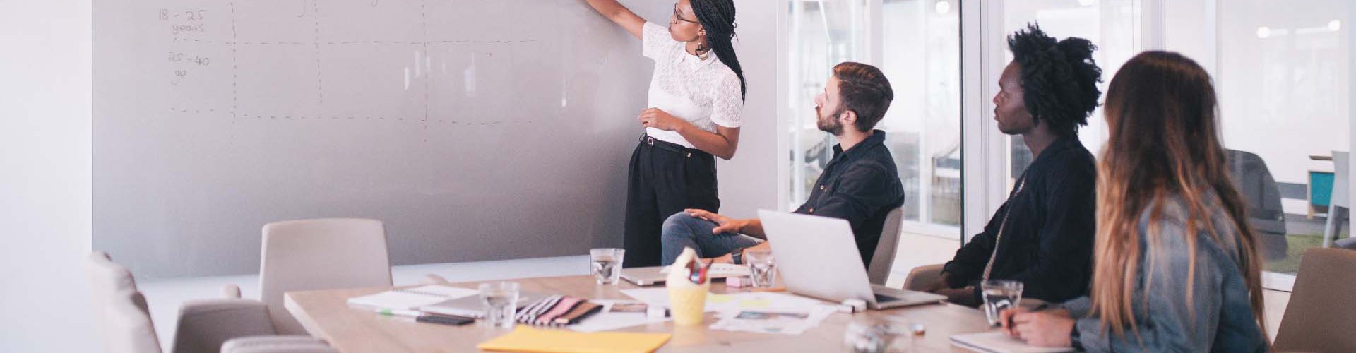 A woman gives a presentation at a white board while other researchers watch