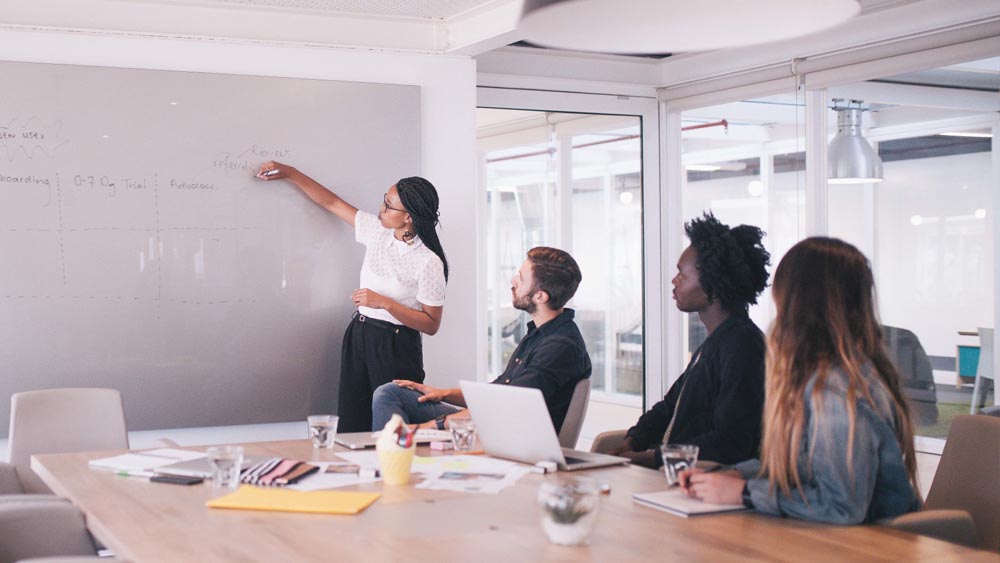 A woman gives a presentation at a white board while other researchers watch